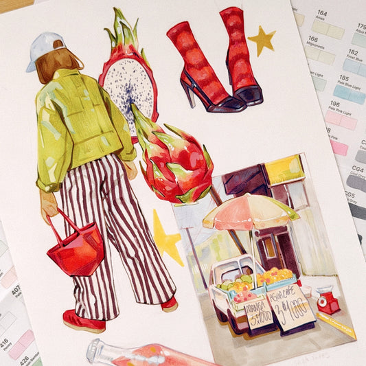 Dragonfruit Sketchbook Spread- Original Mixed Media Drawing